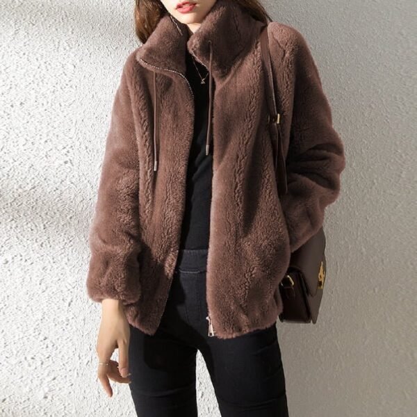 Double Faced Fleece Warm High Neck Women Cardigan
