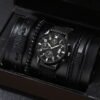 Single Calendar Quartz Watch With Pu Bracelet Set