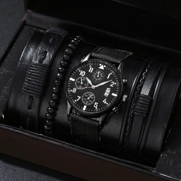 Single Calendar Quartz Watch With Pu Bracelet Set