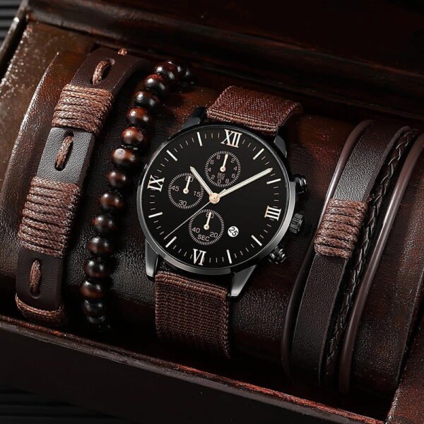 Single Calendar Quartz Watch With Pu Bracelet Set