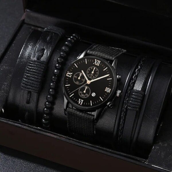 Single Calendar Quartz Watch With Pu Bracelet Set