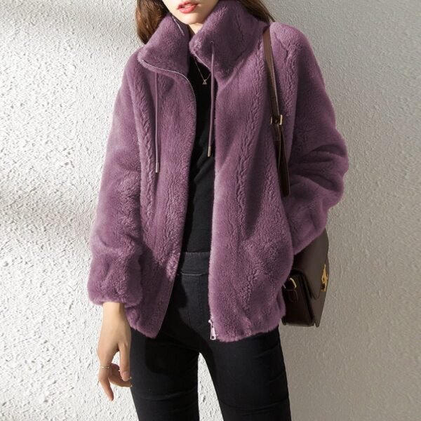 Double Faced Fleece Warm High Neck Women Cardigan