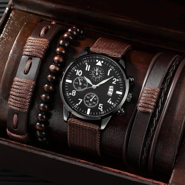 Single Calendar Quartz Watch With Pu Bracelet Set