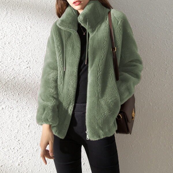 Double Faced Fleece Warm High Neck Women Cardigan
